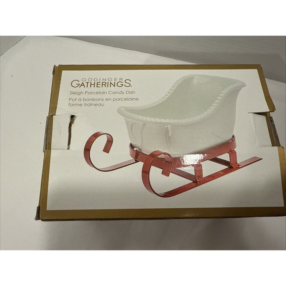 Godinger Gatherings Sleigh Candy Dish White Porcelain Red Metal Frame Dip Bowl - Picture 1 of 7